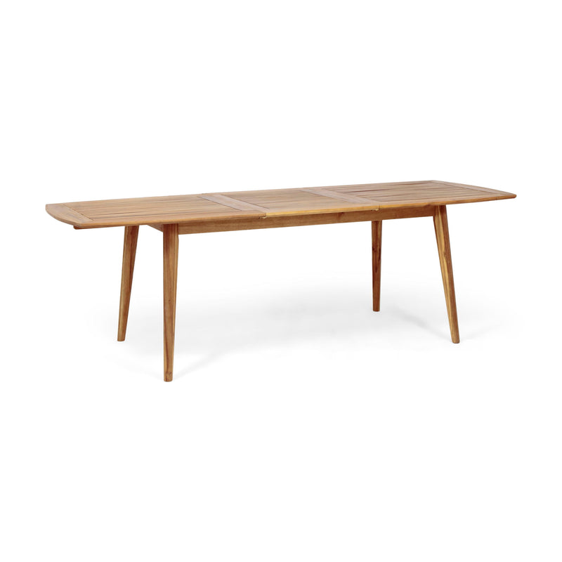 Noble House Placidity outdoor expandable dining table with slatted tabletop and tapered legs for patio or garden use.