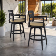 Set of two Life Outside outdoor swivel bar stools with ergonomic backrests and 360-degree rotation, perfect for outdoor seating.