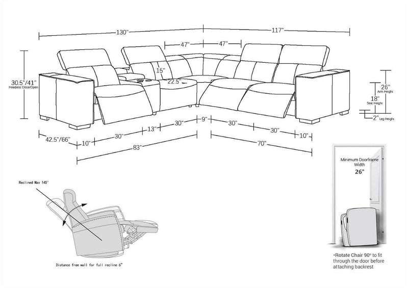 1208 - 6-Piece L-Shaped Leather Reclining Sectional With 3 Power Recliners