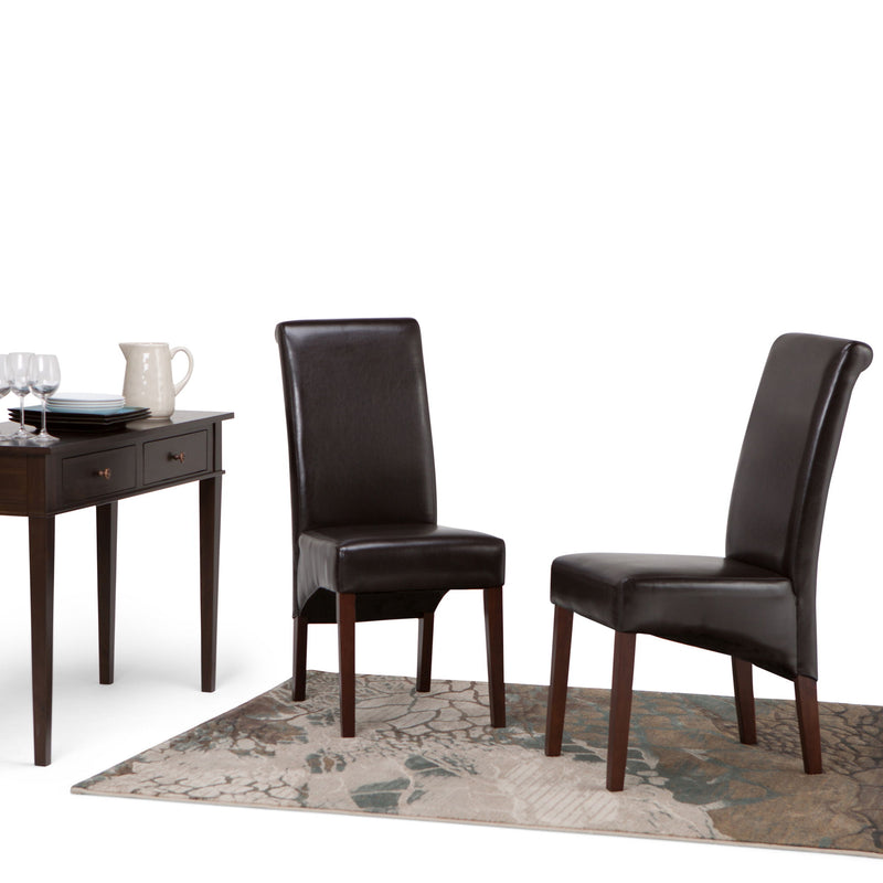 Set of two Avalon Deluxe Parson dining chairs by Simpli-Home with wooden legs and upholstered beige fabric for elegant dining room decor.