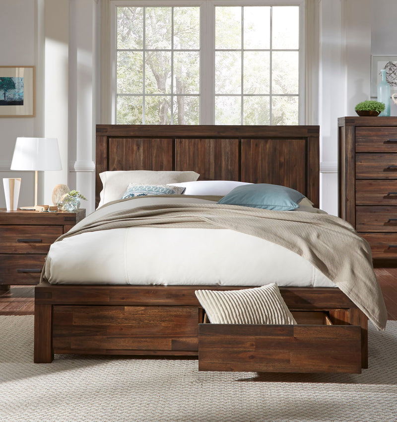 Meadow California King-size Solid Wood Footboard Storage Bed in Brick Brown - R&R Furniture Gallery (Fountain Valley, CA)