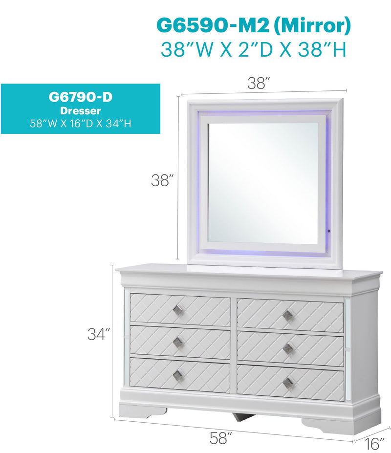 Silver Champagne Verona dresser by Glory Furniture featuring sleek modern design and silver finish, with multiple drawers for storage.