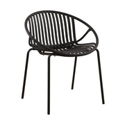 Set of two Noble House stackable outdoor chairs with breathable plastic backrests and metal frames for patio or garden use.
