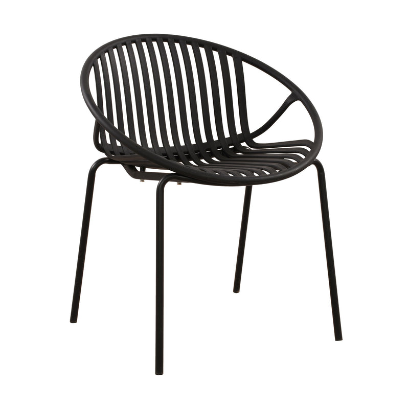 Set of two Noble House stackable outdoor chairs with breathable plastic backrests and metal frames for patio or garden use.
