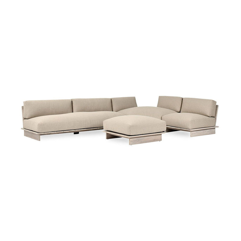 Livia Teak 3-Piece Outdoor Sectional by Classic Home with taupe cushions, showcasing a sturdy stationary outdoor furniture set.