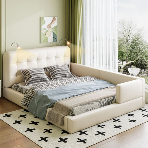 Queen Size Upholstered Platform Bed With 2 Reading Lights - White - R&R Furniture Gallery (Fountain Valley, CA)