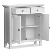 Simpli-Home Amherst accent storage cabinet with doors and shelves in a modern wood finish, ideal for living room or entryway.