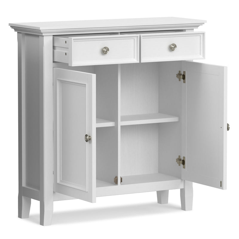 Simpli-Home Amherst accent storage cabinet with doors and shelves in a modern wood finish, ideal for living room or entryway.