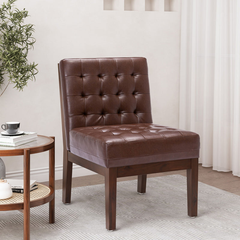 Dark brown Noble House armless accent chair with tufted waffle stitch upholstery and a stylish contemporary design.
