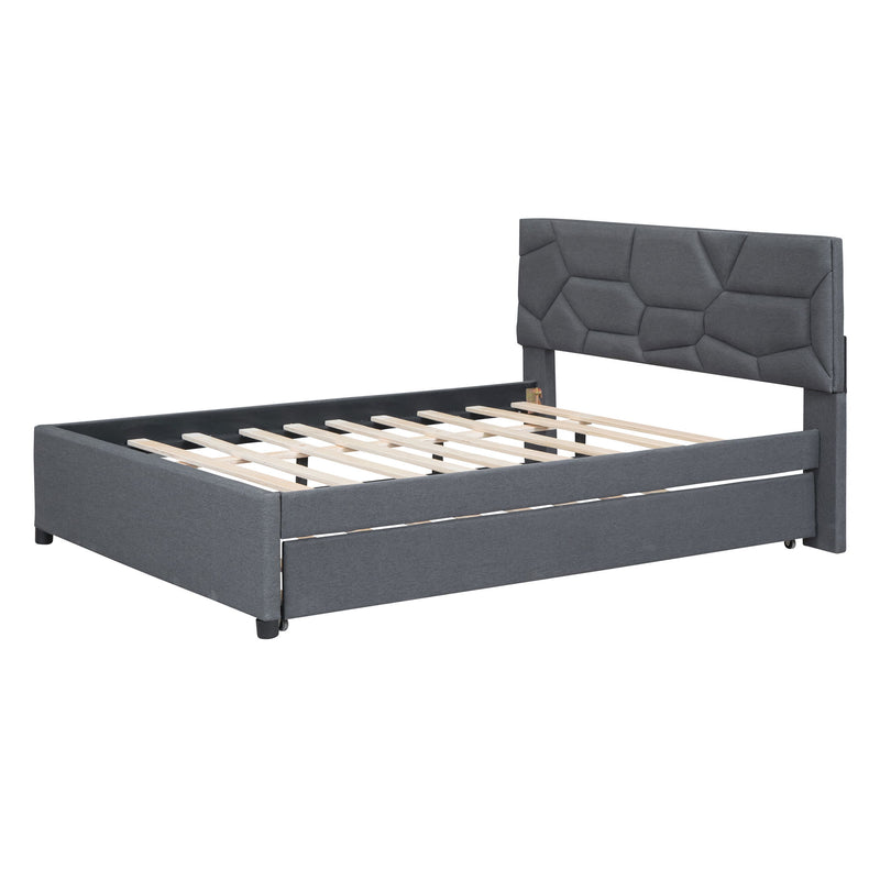 Upholstered Platform Bed With Brick Pattern Headboard And Twin Long Size Trundle - R&R Furniture Gallery (Fountain Valley, CA)