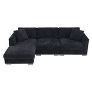 Luxe & Co. Modern L-shaped cloud sectional sofa with plush fabric, oversized chaise, and two decorative pillows in a contemporary living room.