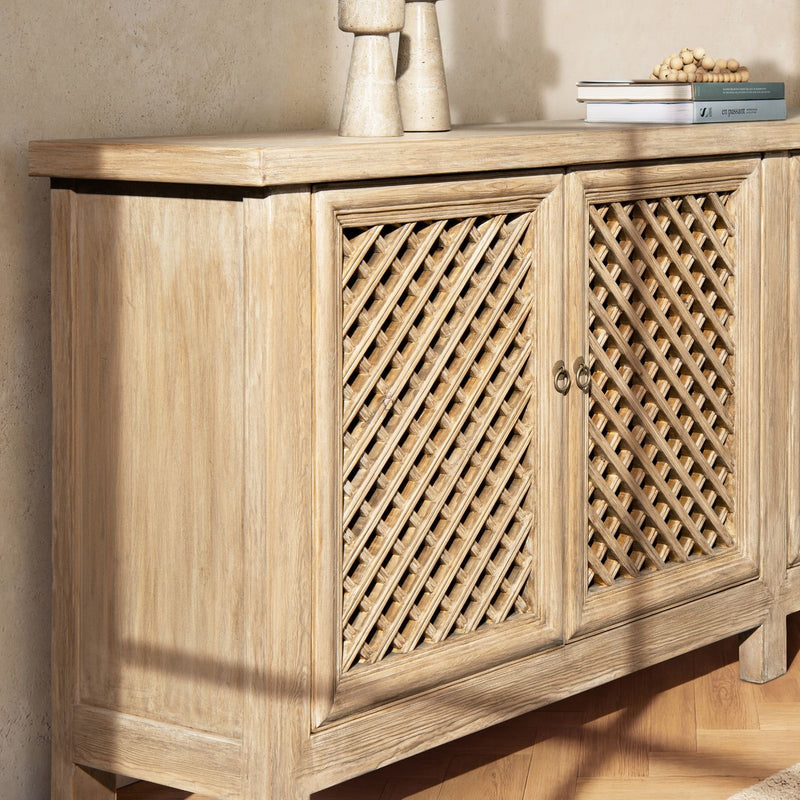 Jennifer Taylor Home Arden 4-door sideboard in natural wood finish, showcasing sleek design and spacious storage.