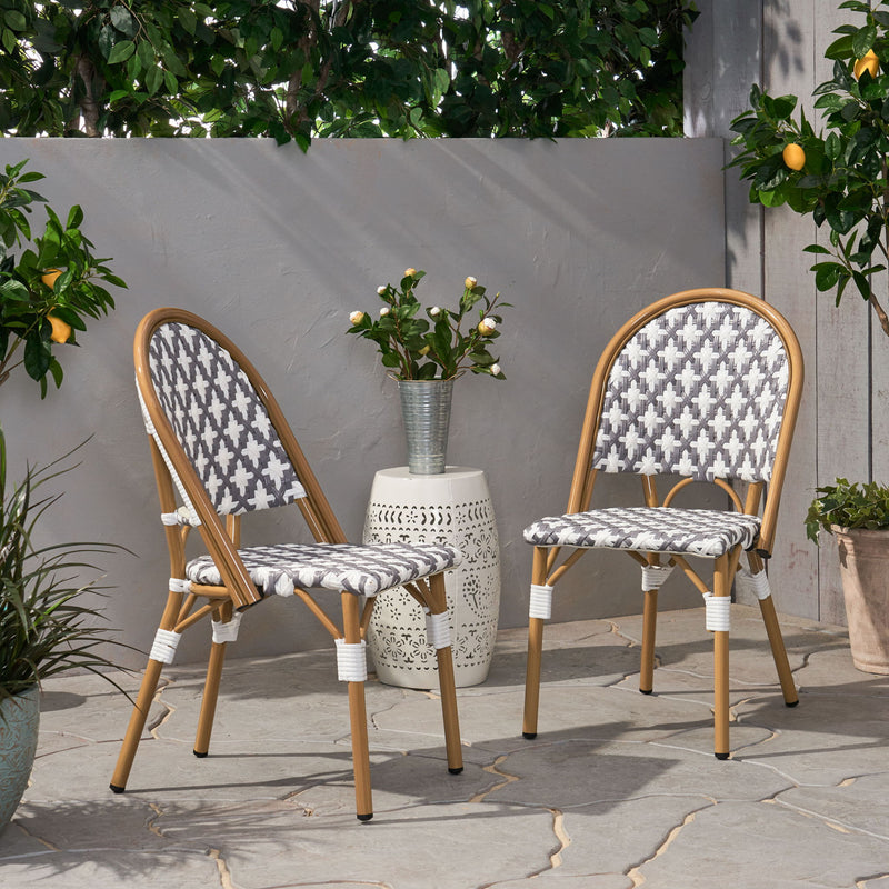 Noble House chic French bistro armless chair with durable rattan seat and aluminum frame, stylish outdoor dining furniture