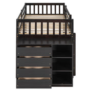 DreamHaus bunk bed with four drawers and three shelves, featuring sturdy wood construction and space-saving design.