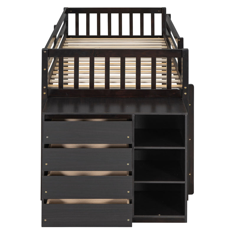 DreamHaus bunk bed with four drawers and three shelves, featuring sturdy wood construction and space-saving design.