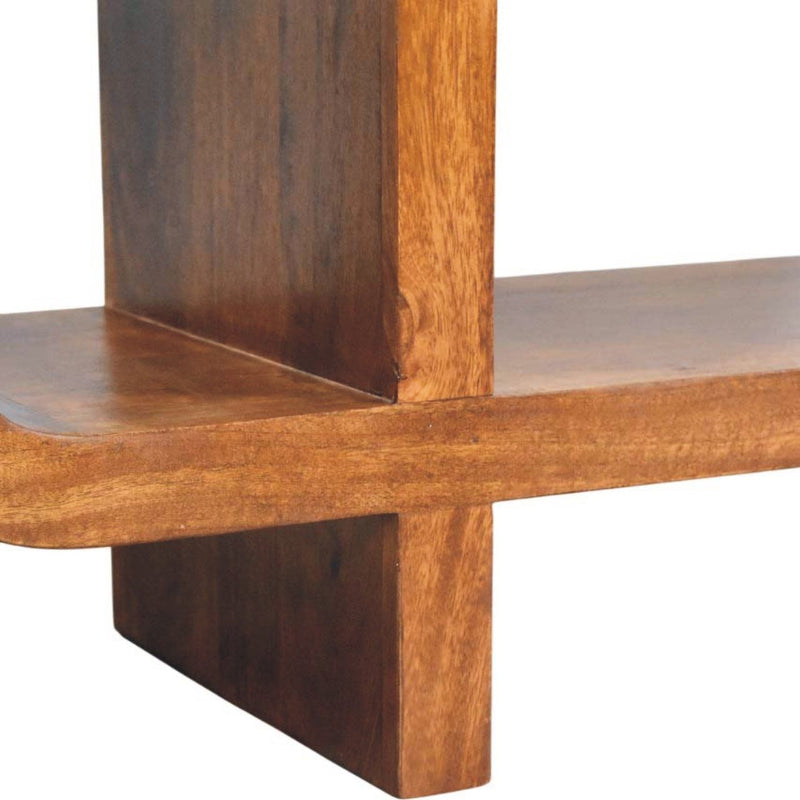 Artisan Furniture Orion curved media unit in brown wood finish, modern TV stand with sleek design and ample storage space.