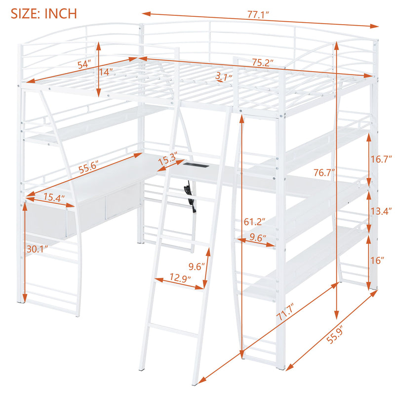 Loft Bed With 4 Layers Of Shelves And L-Shaped Desk, Stylish Metal Frame Bed With A Set Of Sockets, USB Ports And And Wireless Charging - R&R Furniture Gallery (Fountain Valley, CA)