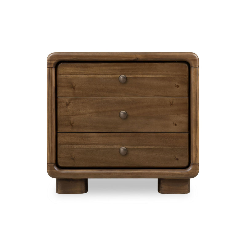 Modus Boka three-drawer acacia wood nightstand in Impala finish with sleek design and natural wood grain details.