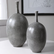 Pair of black modern vases from Uttermost Riordan set, sleek ceramic design for contemporary home decor.
