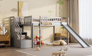 DreamHaus loft stairway bed with two drawers, convertible ladder, and slide, showcasing a modern wooden design with safety features.