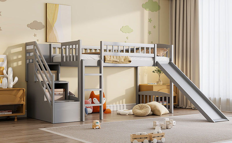 DreamHaus loft stairway bed with two drawers, convertible ladder, and slide, showcasing a modern wooden design with safety features.
