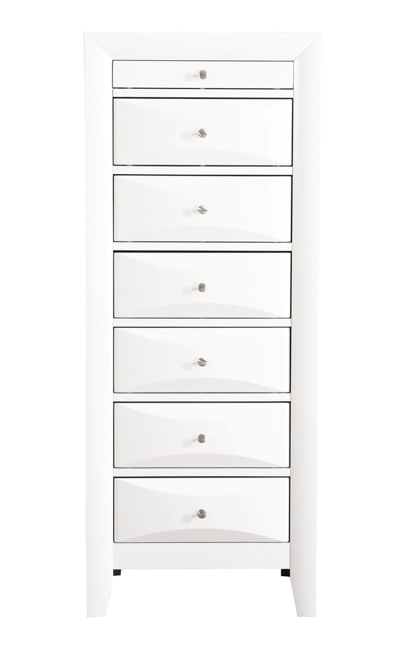 Glory Furniture Marilla 7 Drawer Lingerie Chest with wooden finish and brass handles, showing its compact, stylish storage design.