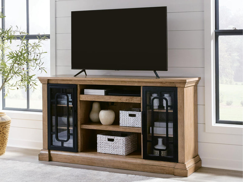 Signature Design by Ashley Wittenmyer TV stand with wood finish, open shelves, and storage compartments for media devices.