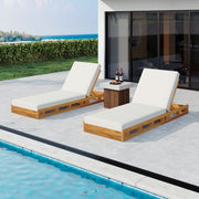 Premium Acacia Wood Lounge Chaise Set With Water Resistant Cushions, Adjustable Recline - Cream / Teak - R&R Furniture Gallery (Fountain Valley, CA)