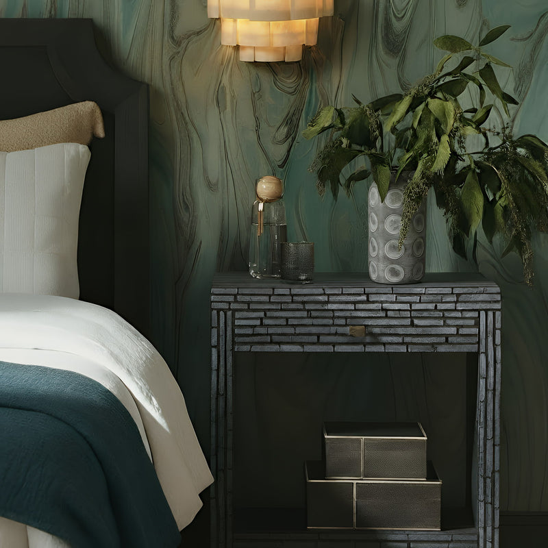 Black TOV Furniture Cassis accent nightstand with sleek design and modern finish, featuring a single drawer and open shelf.