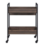 ACME Jerrick serving cart with walnut wood shelves and black metal frame, ideal for bar or serving needs.