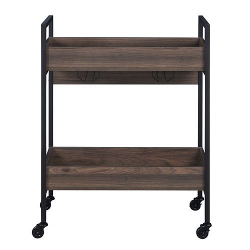 ACME Jerrick serving cart with walnut wood shelves and black metal frame, ideal for bar or serving needs.