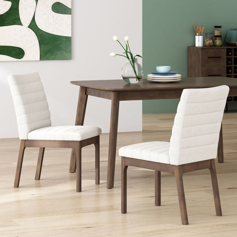 Set of two upholstered dining chairs with rubber legs from Noble House, featuring beige fabric and modern design.