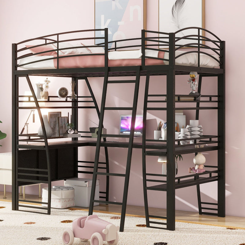 Loft Bed With 4 Layers Of Shelves And L-Shaped Desk, Stylish Metal Frame Bed With A Set Of Sockets, USB Ports And And Wireless Charging - R&R Furniture Gallery (Fountain Valley, CA)