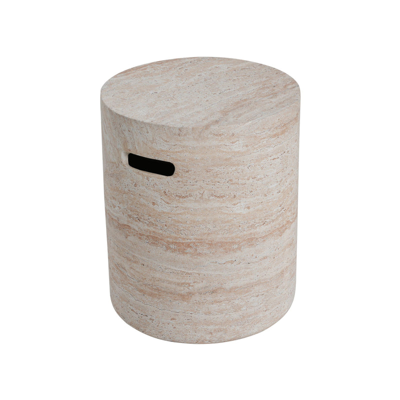 Modern Concrete Side Table With Travertine, Indoor / Outdoor Use - Beige - R&R Furniture Gallery (Fountain Valley, CA)