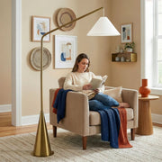 Lisbon - Floor Lamp With On / Off Switch Coned Base Hanging Shade - Antique Brass / White - R&R Furniture Gallery (Fountain Valley, CA)