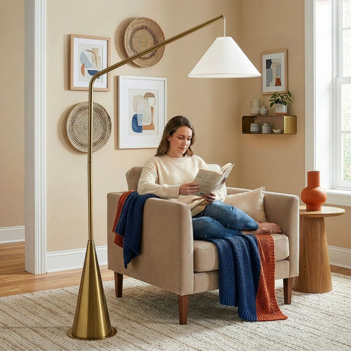 Lisbon - Floor Lamp With On / Off Switch Coned Base Hanging Shade - Antique Brass / White - R&R Furniture Gallery (Fountain Valley, CA)