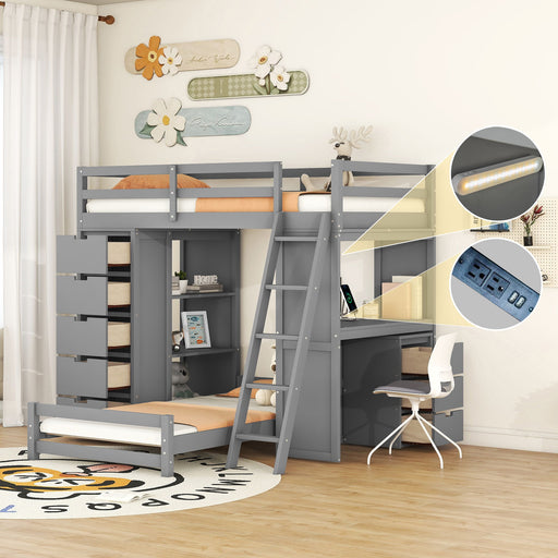 DreamHaus bunk bed with integrated LED lights and USB ports, featuring sturdy wood construction and modern design.