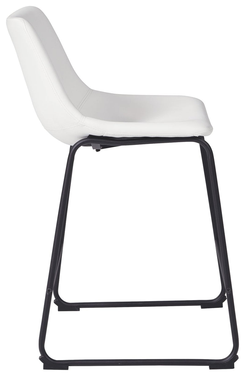 Two upholstered Signature Design by Ashley Centiar barstools with beige fabric and dark wooden legs, set against a neutral background.