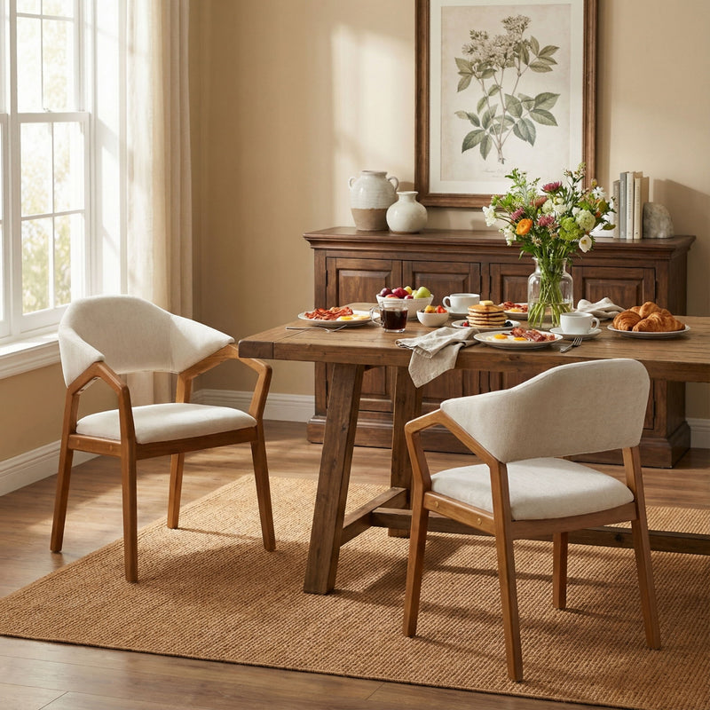 Indoor Upholstered Dining Armchair (Set of 2) - Beige / Teak - R&R Furniture Gallery (Fountain Valley, CA)