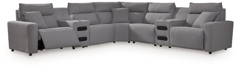 Signature Design by Ashley Modmax II reclining sectional in salt and pepper fabric, featuring multiple seating sections and reclining features.