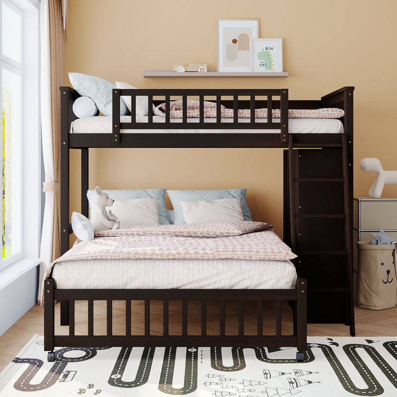 DreamHaus bunk bed with six drawers, flexible shelves, and a bottom bed on wheels, featuring a sturdy wooden frame and modern design.
