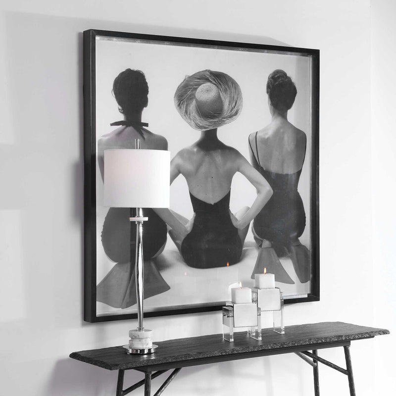 Framed print of 1959 ladies' black swimwear fashion illustration by Uttermost, showcasing vintage swimwear design and style.