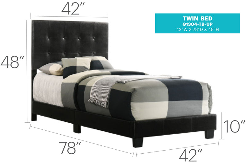 Upholstered Caldwell Bed by Glory Furniture featuring a plush fabric headboard and sleek frame in a modern bedroom setting.