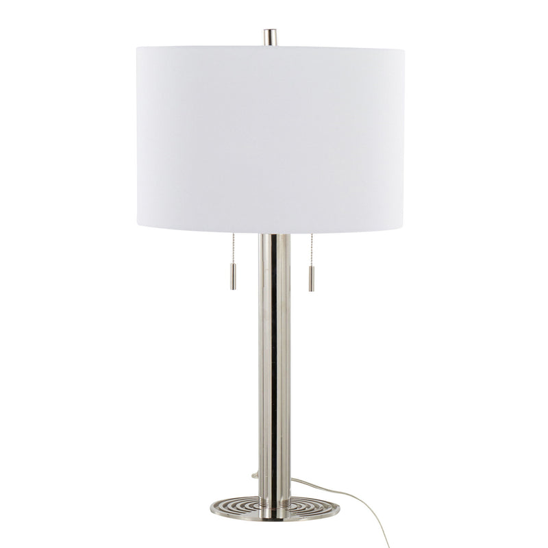 Pair of Lumi Source Master 29-inch contemporary table lamps with polished nickel bases and white lamp shades, set of two.