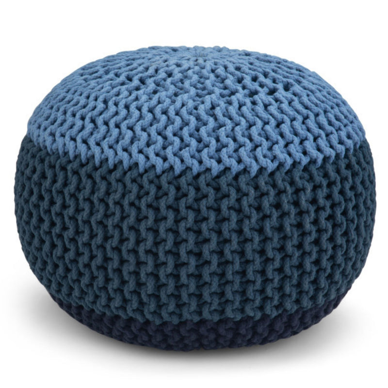 Simpli-Home Nikki handcrafted hand-knit round accent pouf in neutral tones, soft textured fabric for stylish seating or decor.