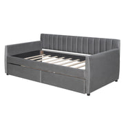 DreamHaus upholstered daybed with slat support, featuring storage drawers and a plush fabric finish for stylish comfort.