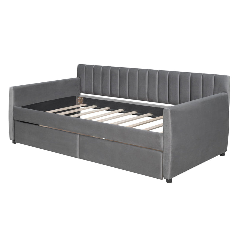 DreamHaus upholstered daybed with slat support, featuring storage drawers and a plush fabric finish for stylish comfort.