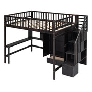 DreamHaus loft bed with integrated bookshelf, drawers, desk, and wardrobe, featuring modern wood finish and space-saving design.