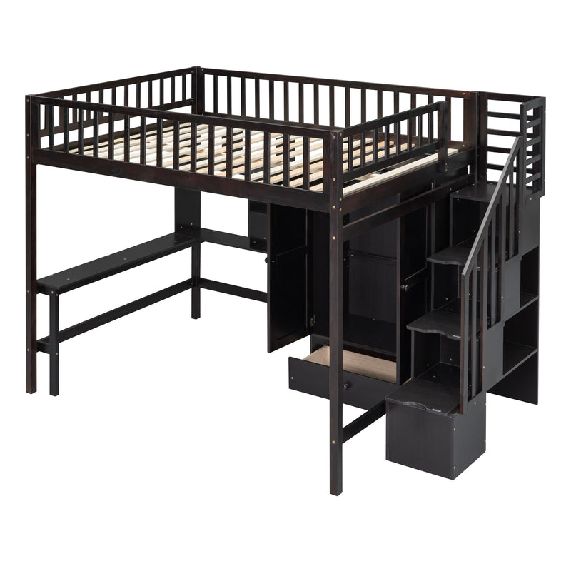 DreamHaus loft bed with integrated bookshelf, drawers, desk, and wardrobe, featuring modern wood finish and space-saving design.
