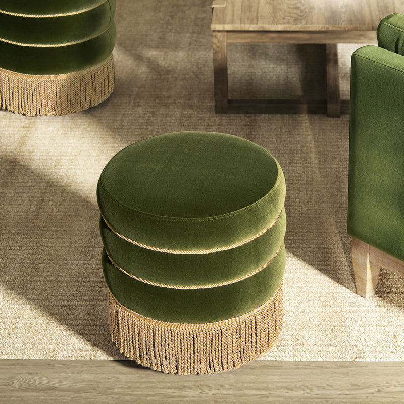 Edward - Round Upholstered Ottoman With Bullion Fringe - Olive Green - R&R Furniture Gallery (Fountain Valley, CA)